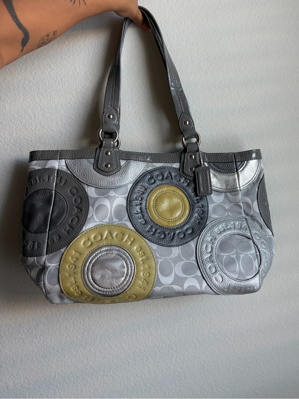 Coach Gray Signature Shoulder Bag with Gold and Silver Patchwork